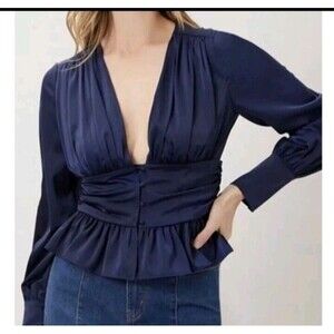 Jason Wu Blouse Small Women's Satin Cinched Waist Peplum Hem Shimmery Blue